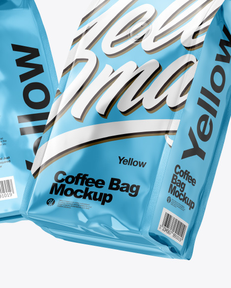 Two Glossy Metallic Coffee Bag Packaging Mockup PSD #7