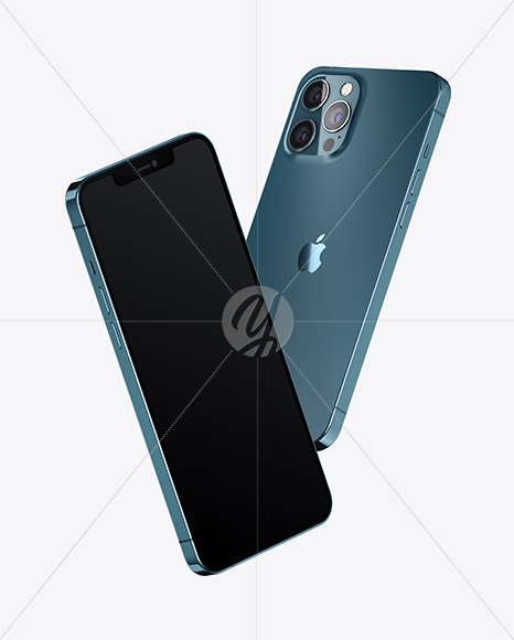 Download Two Apple iPhones 12 Pro Max Pacific Blue Mockup Free Mockups