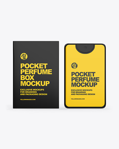 Download Pocket Perfume With Box Mockup In Packaging Mockups On Yellow Images Object Mockups