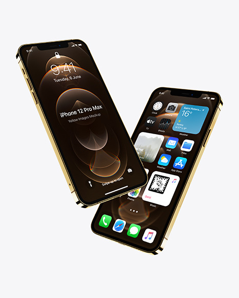 Two Apple iPhones 12 Pro Max Gold Mockup PSD #2