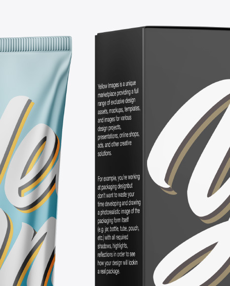 Download Metallic Cosmetic Tube With Box Mockup In Tube Mockups On Yellow Images Object Mockups