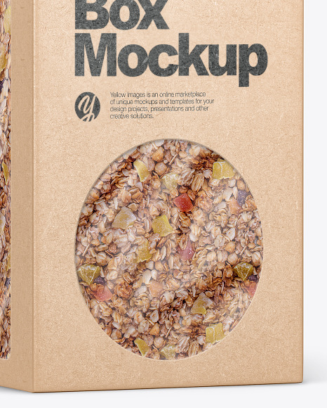 Download Kraft Paper Box With Muesli Mockup In Box Mockups On Yellow Images Object Mockups