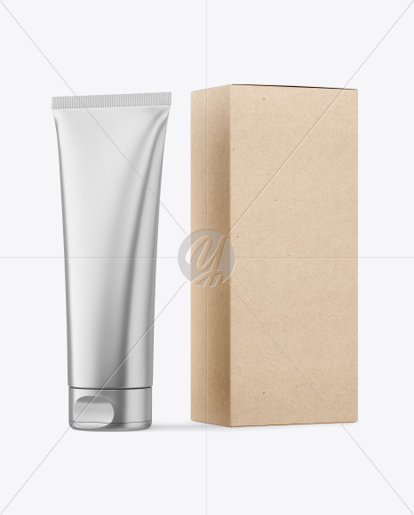 Download Metallic Cosmetic Tube with Kraft Box Mockup Free Mockups