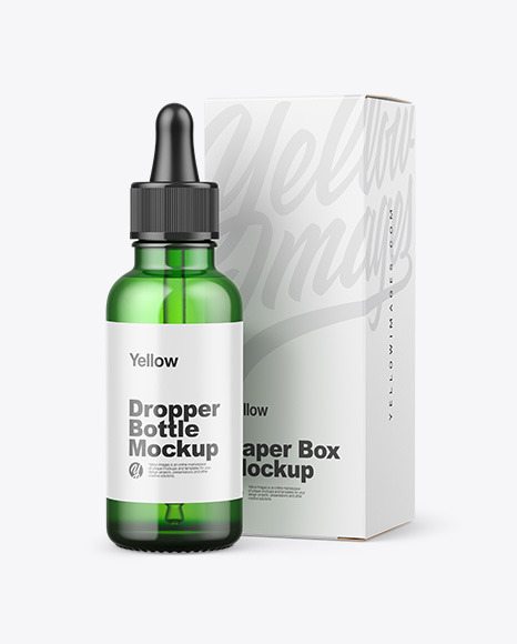 Download Green Glass Dropper Bottle W Paper Box Mockup In Bottle Mockups On Yellow Images Object Mockups