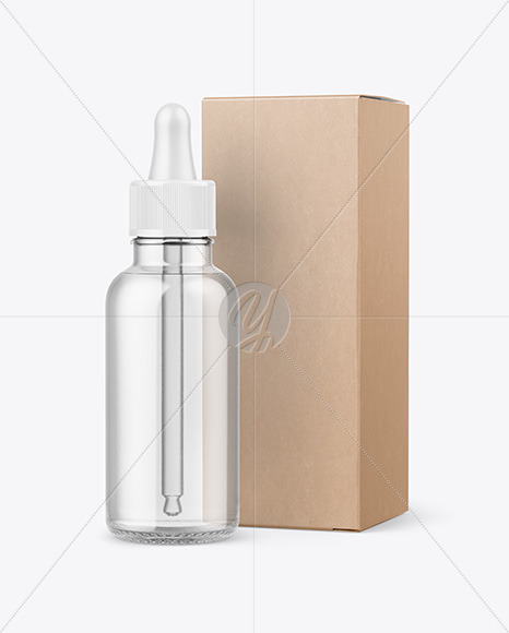 Clear Glass Dropper Bottle w/ Kraft Box Mockup Clear Glass Dropper Bottle w/ Kraft Box Mockup