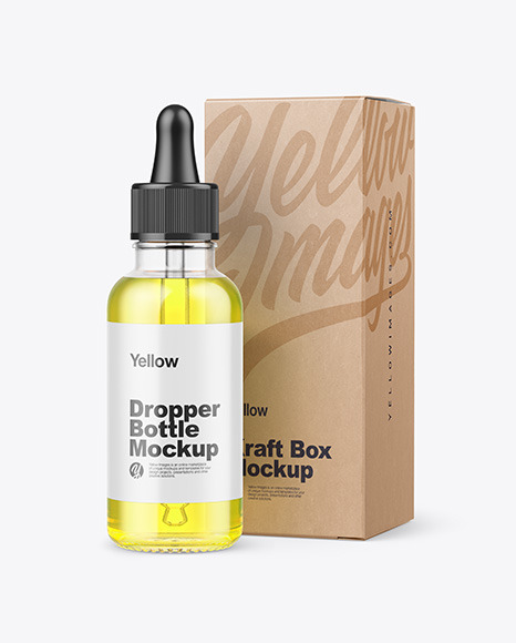 Clear Glass Dropper Oil Bottle w/ Kraft Box Mockup