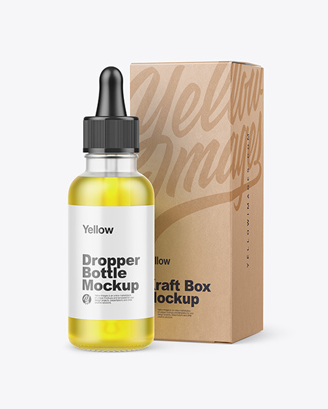 Frosted Glass Dropper Oil Bottle w/ Kraft Box Mockup