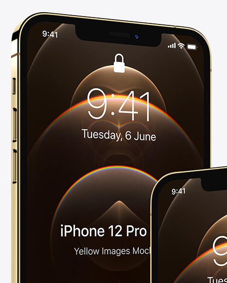 Two Apple iPhones 12 Pro Max Gold Mockup PSD #2