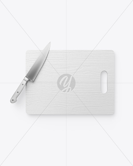 Download Wooden Cutting Board w/ Metallic Knife Mockup Free Mockups