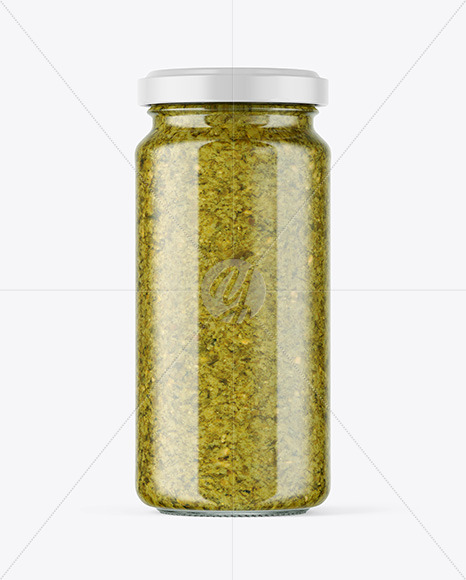 Download Clear Glass Jar with Pesto Sauce Mockup Free Mockups