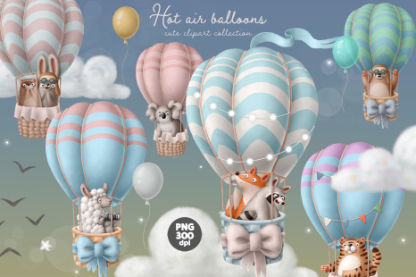 Hot air balloon with animals cute clipart set