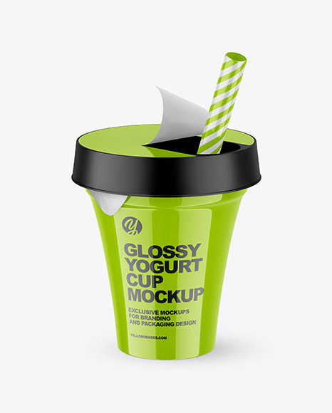 Download Glossy Yogurt Cup w/ Straw Mockup in Cup & Bowl Mockups on Yellow Images Object Mockups