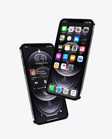 Two Apple iPhones 12 Pro Max Graphite Mockup PSD #4