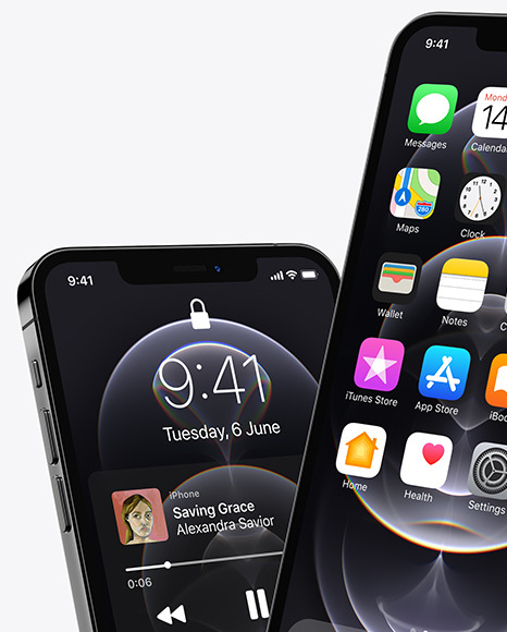 Two Apple iPhones 12 Pro Max Graphite Mockup PSD #2