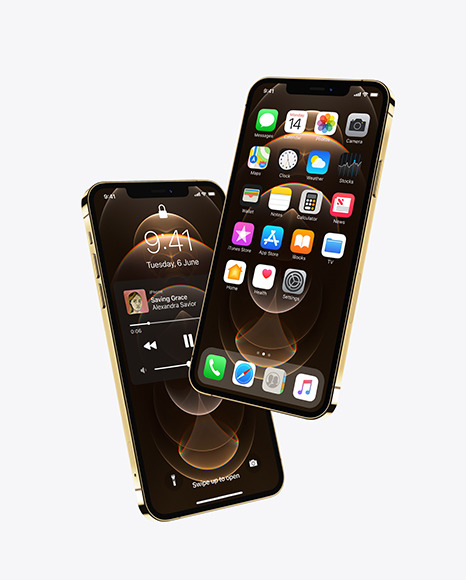 Two Apple iPhones 12 Pro Max Gold Mockup PSD #4