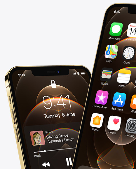 Two Apple iPhones 12 Pro Max Gold Mockup PSD #2