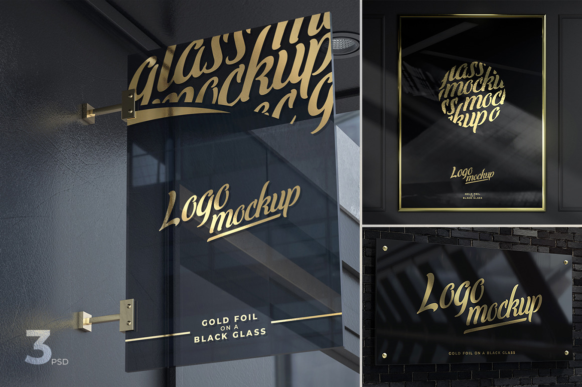 Download Gold Foil On A Black Glass Logo Mockups In Product Mockups On Yellow Images Creative Store