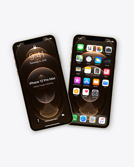 Two Apple iPhones 12 Pro Max Gold Mockup PSD #2