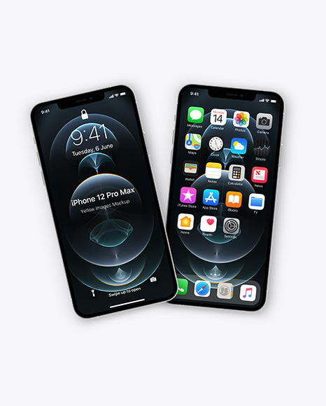 Two Apple iPhones 12 Pro Max Silver Mockup PSD #2