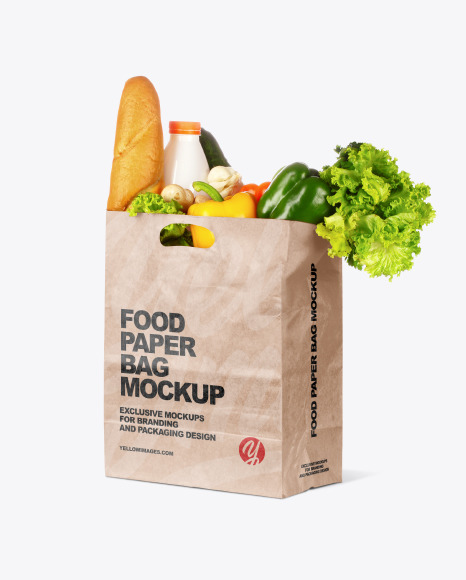 Kraft Paper Bag With Food Mockup In Bag Sack Mockups On Yellow Images Object Mockups