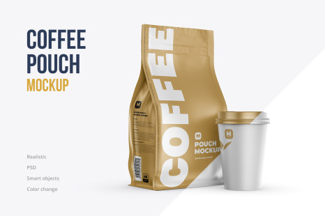 Download Zip Flat Bottom Pouch Mockup With Cup In Packaging Mockups On Yellow Images Creative Store