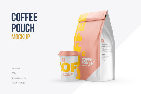 Download Coffee Pouch Back Half Side With Cup In Packaging Mockups On Yellow Images Creative Store