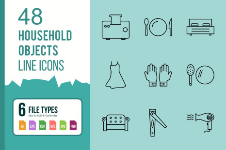 48 Household Objects Line Black Icons