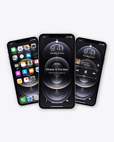 Three Apple iPhones 12 Pro Max Graphite Mockup PSD #2