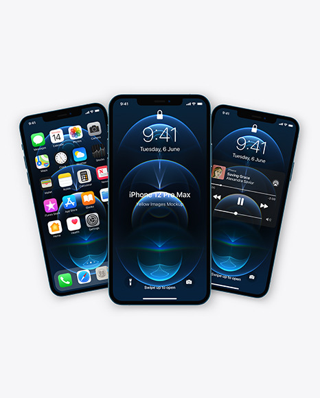 Three Apple iPhones 12 Pro Max Pacific Blue Mockup PSD #2