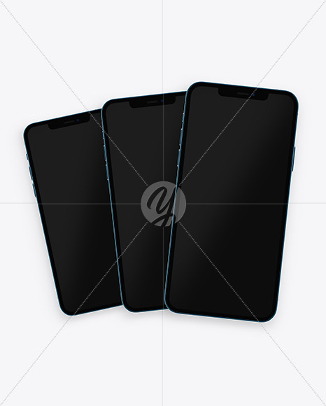 Three Apple iPhones 12 Pro Max Pacific Blue Mockup PSD #3