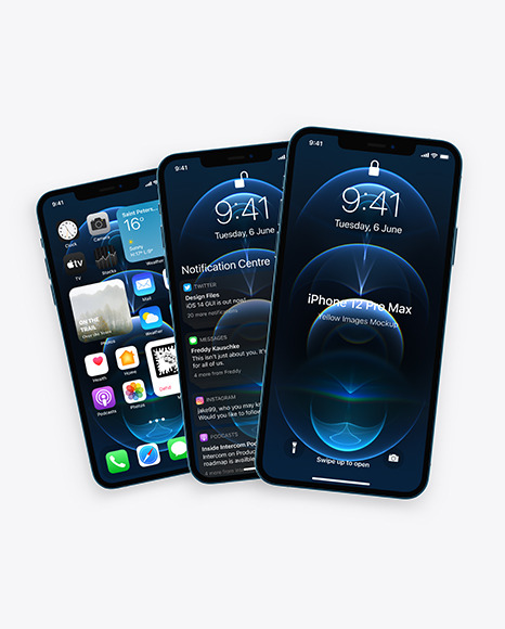 Three Apple iPhones 12 Pro Max Pacific Blue Mockup PSD #4