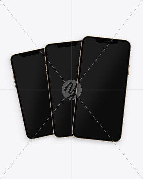 Three Apple iPhones 12 Pro Max Gold Mockup PSD #1