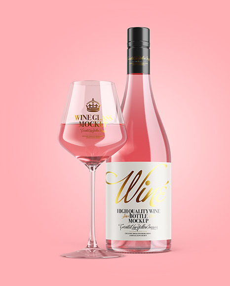 Clear Pink Wine Bottle With Glass Mockup PSD #2