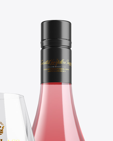 Clear Pink Wine Bottle With Glass Mockup PSD #1