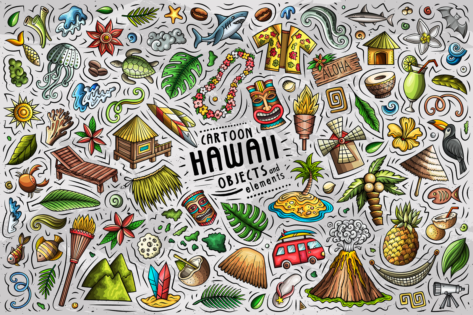 Hawaii Cartoon Objects Set on Yellow Images Creative Store
