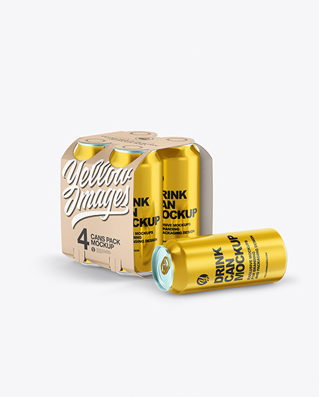 Carton Carrier W/ 4 Glossy Metallic Cans Mockup
