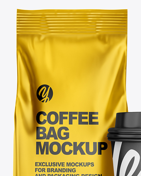Metallic Coffee Bag with Cup Mockup PSD #1