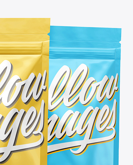 Download Two Glossy Metallic Stand Up Pouches Mockup In Pouch Mockups On Yellow Images Object Mockups