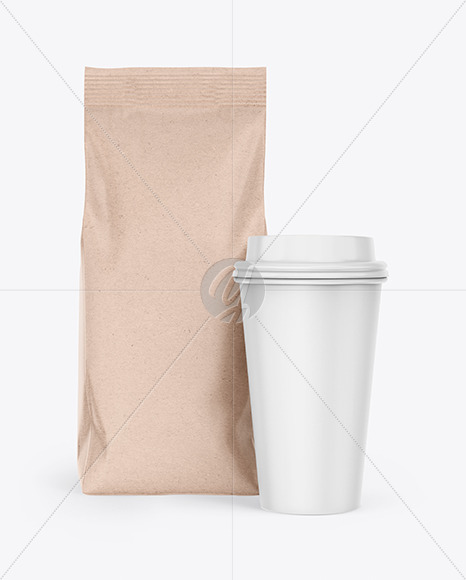 Download Kraft Coffee Bag With Cup Mockup Front View In Bag Sack Mockups On Yellow Images Object Mockups