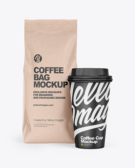 Download Kraft Coffee Bag With Cup Mockup Front View In Bag Sack Mockups On Yellow Images Object Mockups