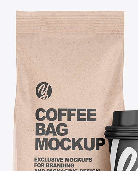 Download Kraft Coffee Bag With Cup Mockup Front View In Bag Sack Mockups On Yellow Images Object Mockups