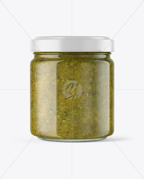 Clear Glass Jar with Spicy Herbs Sauce Mockup