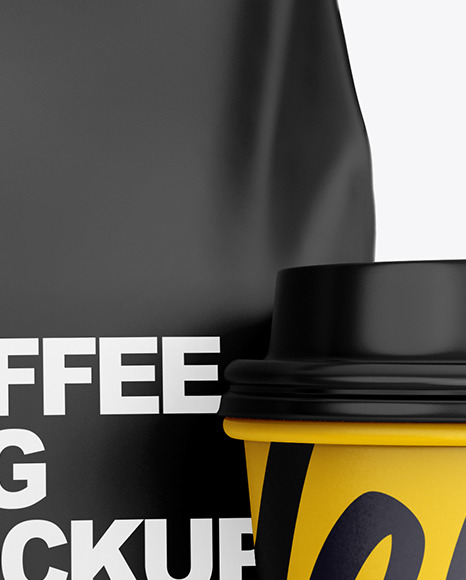 Matte Coffee Bag with Cup Mockup – Half Side View PSD #2