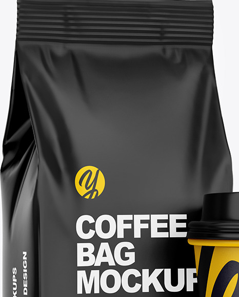 Matte Coffee Bag with Cup Mockup – Half Side View PSD #1