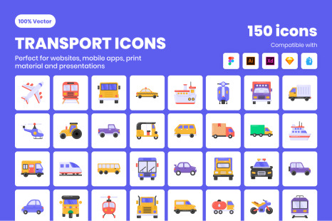150 Flat Transport Icons