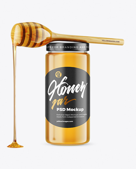 Clear Glass Honey Jar with Wooden Dipper Mockup
