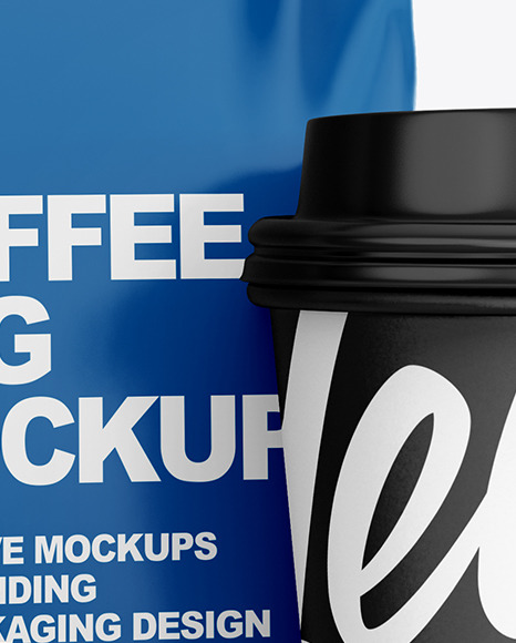 Glossy Coffee Bag with Cup Mockup   Half Side View PSD #1