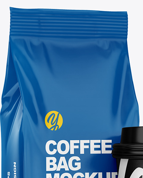 Glossy Coffee Bag with Cup Mockup   Half Side View PSD #2
