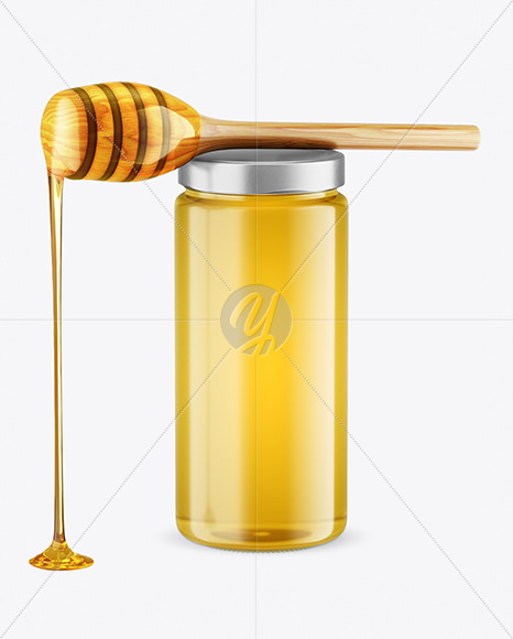 Clear Glass Honey Jar with Wooden Dipper Mockup