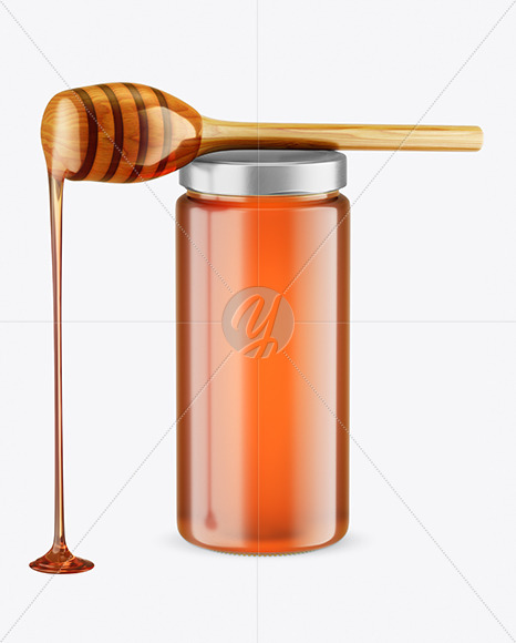 Clear Glass Honey Jar with Wooden Dipper Mockup Clear Glass Honey Jar with Wooden Dipper Mockup